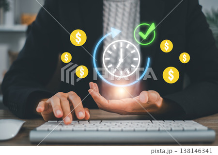 Businessman with clock and dollar signs representing time management and financial success in business. 138146341