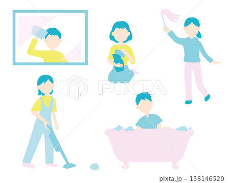 部屋のあちこちを掃除する人たちのイラストセット、淡い色味 部屋のあちこちを掃除する人たちのイラストセット、淡い色味 138146520