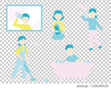 一組色彩柔和的插圖,描繪了人們清潔房間各個部分的場景。 一組色彩柔和的插圖,描繪了人們清潔房間各個部分的場景。 138146520