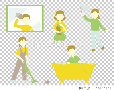 A set of illustrations of people cleaning various parts of a room, in yellow tones. 138146521