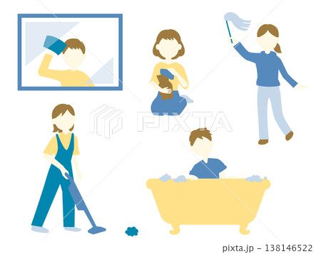 部屋のあちこちを掃除する人たちのイラストセット、濃いめの色味 138146522