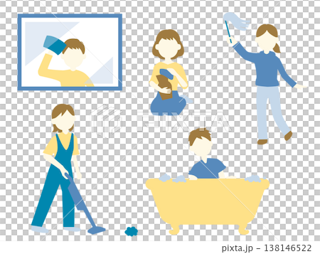 部屋のあちこちを掃除する人たちのイラストセット、濃いめの色味 138146522