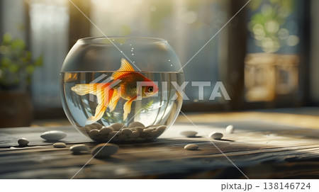 丸い金魚鉢の中を泳ぐ金魚 138146724