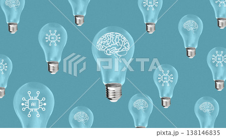Modern ideas about technology and intelligence with light bulbs and brain designs 138146835