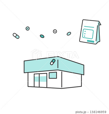調剤薬局の建物と薬・処方箋のシンプルアイコンイラスト 138146959