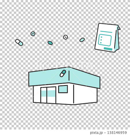 調剤薬局の建物と薬・処方箋のシンプルアイコンイラスト 138146959