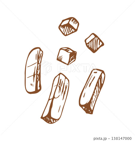 A hand-drawn illustration of sliced potatoes, carrots, other vegetables. A vegetable cooking ingredient, executed in a line art engraving style. A monochrome graphic element for a menu or cookbook. 138147000