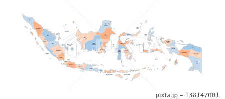 Indonesia political map of administrative divisions - provinces and special regions. Colorful handdrawn doodle style map with black outline borders and name labels. 138147001