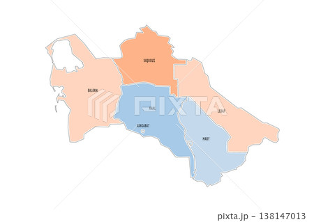 Turkmenistan political map of administrative divisions - regions and capital city district of Ashgabat. Colorful handdrawn doodle style map with black outline borders and name labels. 138147013