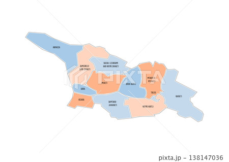 Georgia political map of administrative divisions - regions and autonomous republics of Abkhasia and Adjara. Colorful handdrawn doodle style map with black outline borders and name labels. 138147036