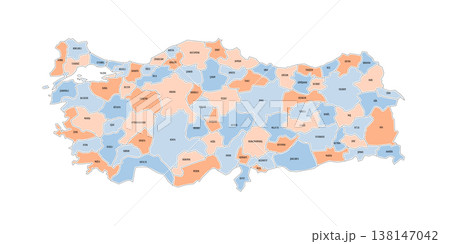 Turkey political map of administrative divisions - provinces. Colorful handdrawn doodle style map with black outline borders and name labels. 138147042