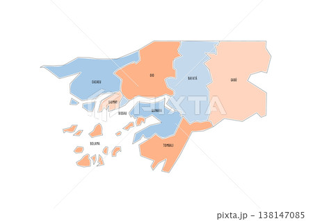Guinea-Bissau political map of administrative divisions - regions and autonomous sector of Bissau. Colorful handdrawn doodle style map with black outline borders and name labels. Guinea-Bissau political map of administrative divisions - regions and autonomous sector of Bissau. Colorful handdrawn doodle style map with black outline borders and name labels. 138147085