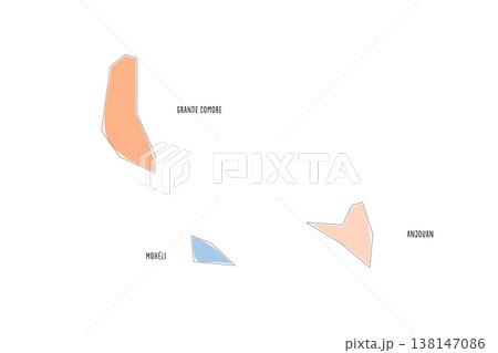 Comoros political map of administrative divisions - autonomous islands. Colorful handdrawn doodle style map with black outline borders and name labels. 138147086