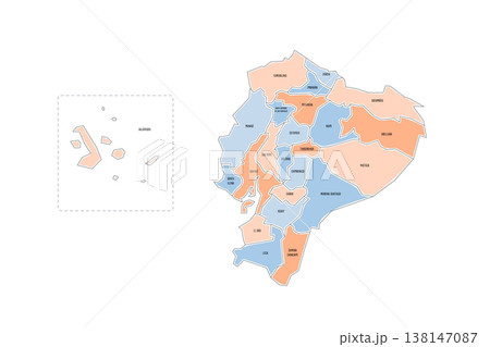 Ecuador political map of administrative divisions - provinces. Colorful handdrawn doodle style map with black outline borders and name labels. 138147087