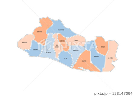 El Salvador political map of administrative divisions - departments. Colorful handdrawn doodle style map with black outline borders and name labels. El Salvador political map of administrative divisions - departments. Colorful handdrawn doodle style map with black outline borders and name labels. 138147094