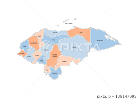 Honduras political map of administrative divisions - departments. Colorful handdrawn doodle style map with black outline borders and name labels. Honduras political map of administrative divisions - departments. Colorful handdrawn doodle style map with black outline borders and name labels. 138147095