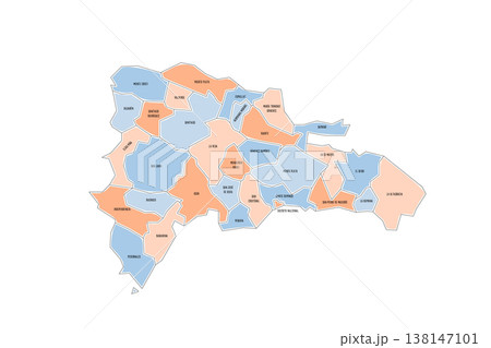 Dominican Republic political map of administrative divisions - provinces and national district. Colorful handdrawn doodle style map with black outline borders and name labels. 138147101