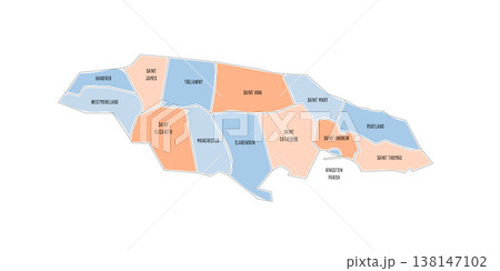 Jamaica political map of administrative divisions - parishes. Colorful handdrawn doodle style map with black outline borders and name labels. 138147102