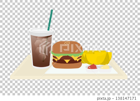 A set meal consisting of wedge-cut French fries, coffee, and a cheeseburger. 138147171