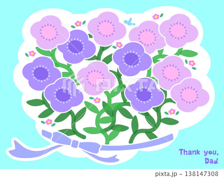 父の日 感謝の英語メッセージ 花束イラスト（水色背景）Thank you, Dad 手書きロゴ 138147308