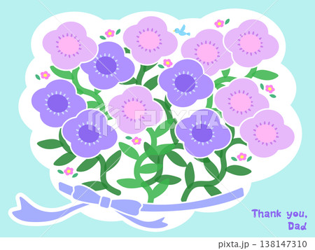 父の日 感謝の英語メッセージ 花束イラスト（水色背景）Thank you, Dad 手書きロゴ 138147310