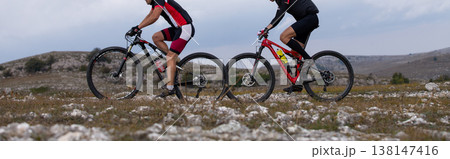 Side view two male mountain bikers riding 138147416