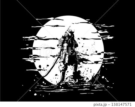 満月に侍の墨絵イラスト 138147571