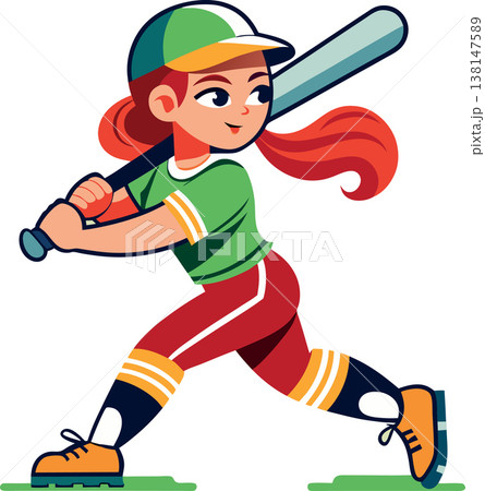 Young girl baseball player hitting ball with bat 138147589