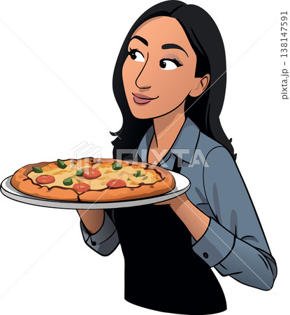 Waitress holding pizza tray and looking up smiling Waitress holding pizza tray and looking up smiling 138147591