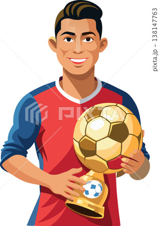 Smiling soccer player holding golden trophy after winning championship 138147763