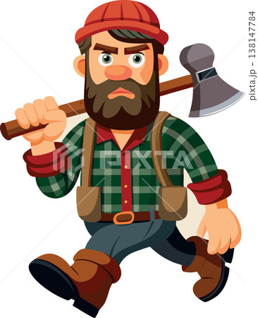 Angry lumberjack walking with axe on his shoulder 138147784