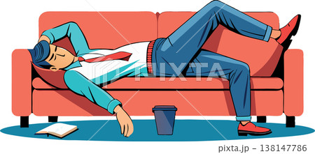 Exhausted businessman sleeping on a sofa after working day Exhausted businessman sleeping on a sofa after working day 138147786