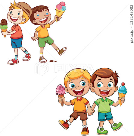 Happy children eating ice cream cones and walking together Happy children eating ice cream cones and walking together 138148082