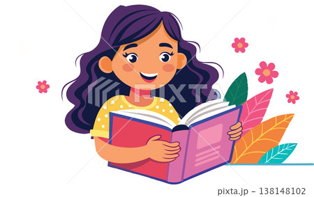 Cute brunette girl reading a book and smiling 138148102