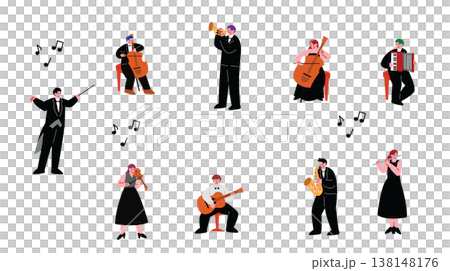 一組描繪人們演奏樂器的插圖。 138148176