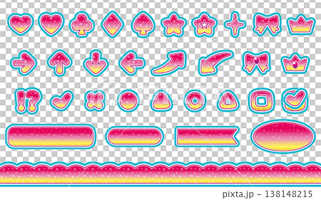 可愛的粉紅色圖示和裝飾邊框套裝，帶有閃亮的心形和星星裝飾。 138148215