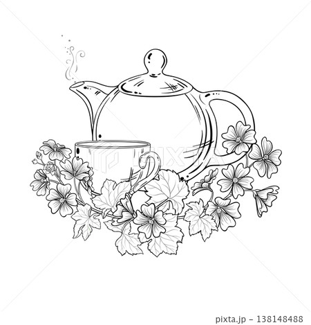 Malva Tea in Teapot Outline Illustration. 138148488