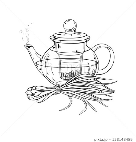 Lemongrass Tea in Teapot Outline Illustration. 138148489