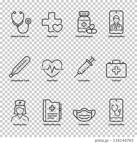 12 Medical and Telehealth Line Icons. Healthcare, digital doctor, and online pharmacy symbols. 12 Medical and Telehealth Line Icons. Healthcare, digital doctor, and online pharmacy symbols. 138148765