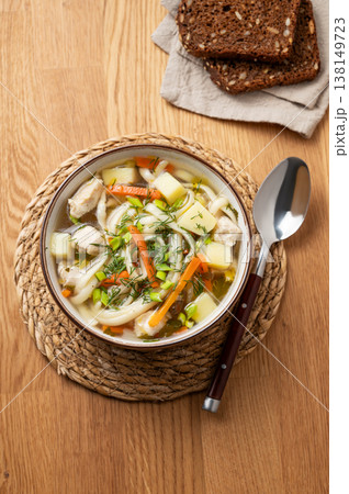 Chicken noodle soup with fresh dill in a bowl on a wooden  background 138149723