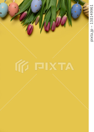 Easter tulips and decorated eggs 138149961