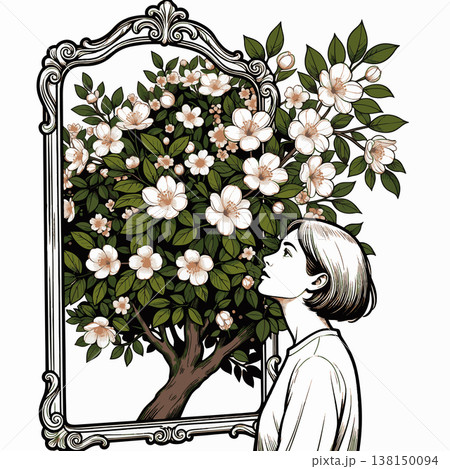 Woman Admiring Blossoming Tree in Ornate Mirror Woman Admiring Blossoming Tree in Ornate Mirror 138150094