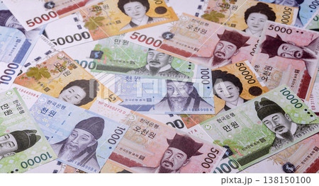 Korea, Korean cash bills, and the won currency for exchange and financial transactions. Korean won 138150100