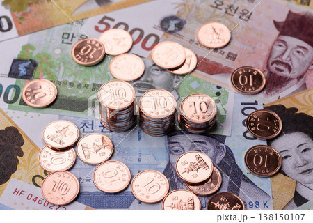 Korea, Korean cash bills, and the won currency for exchange and financial transactions. Korean won 138150107