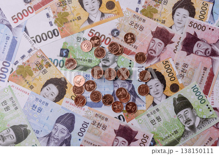 Korea, Korean cash bills, and the won currency for exchange and financial transactions. Korean won Korea, Korean cash bills, and the won currency for exchange and financial transactions. Korean won 138150111