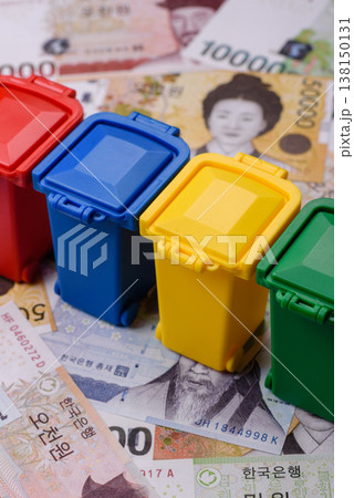 Bins for garbage, a conceptual background for selective and recycling waste disposal. Bins for trash 138150131