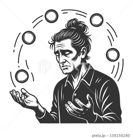 Sad Man Juggling Thoughts Mental Stress Concept Sad Man Juggling Thoughts Mental Stress Concept 138150280
