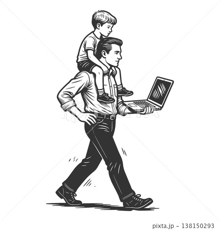 Father Working On Laptop With Child Shoulders 138150293
