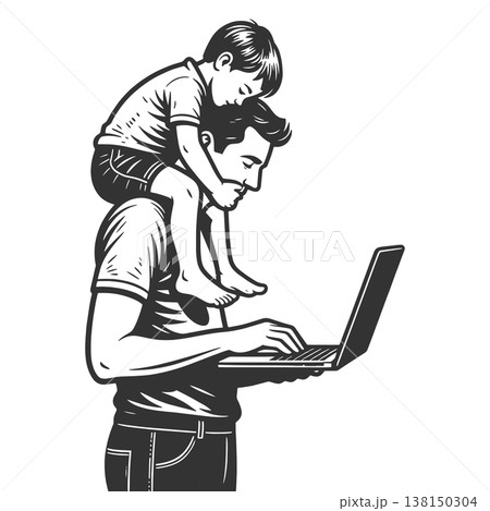 Father Working On Laptop With Child Shoulders Father Working On Laptop With Child Shoulders 138150304