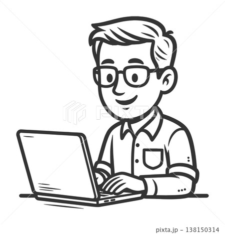 Smiling Man Working on Laptop Cartoon raster Smiling Man Working on Laptop Cartoon raster 138150314